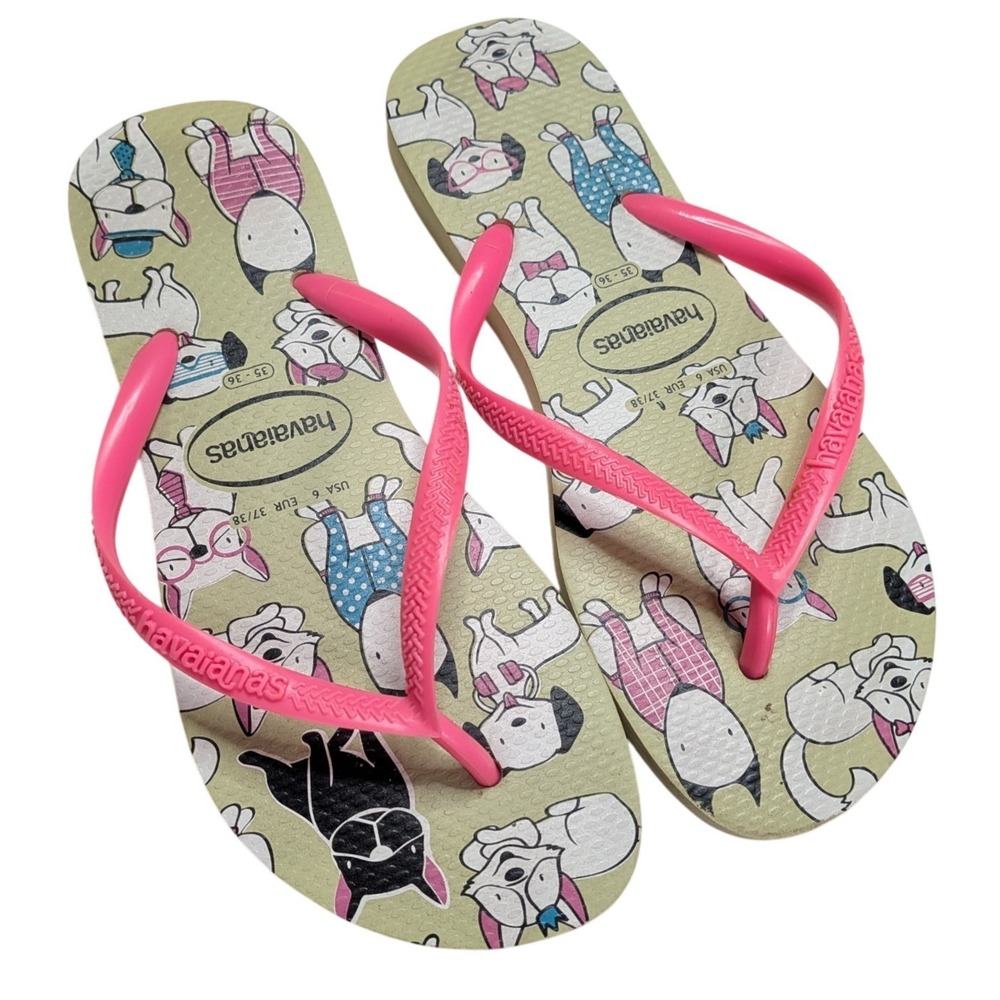 Havaianas Slim Pets Flip Flops Women's 6 Green Pink Dog Print Sandals